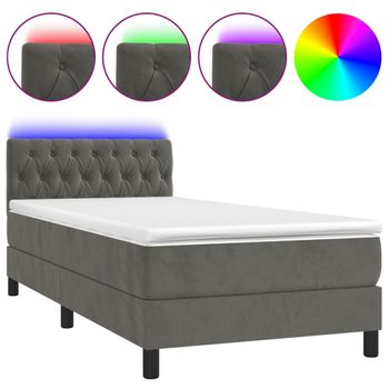 Cama Box Spring Colchón Y Led Terciopelo Gris Oscuro 100x200 Cm