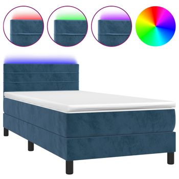 Cama Box Spring Colchón Y Led Terciopelo Azul Oscuro 100x200 Cm