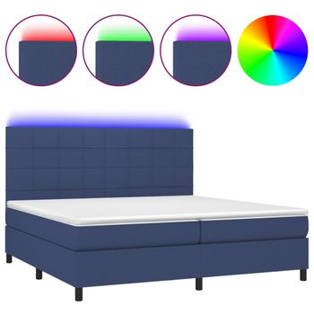 Cama Box Spring Colchón Y Luces Led Tela Azul 200x200 Cm