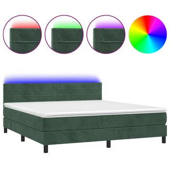 Cama Box Spring Colchón Y Led Terciopelo Verde Oscuro 160x200cm