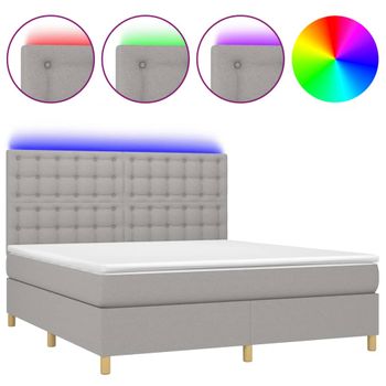 Cama Box Spring Colchón Y Luces Led Tela Gris Claro 160x200 Cm