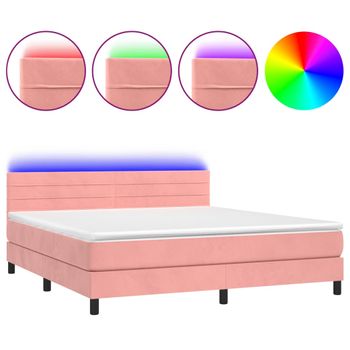 Cama Box Spring Colchón Y Led Terciopelo Rosa 180x200 Cm