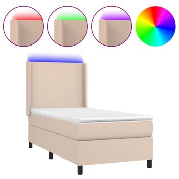 Cama Box Spring Colchón Led Cuero Sintético Capuchino 90x190 Cm