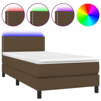 Cama Box Spring Colchón Luces Led Tela Marrón Oscuro 100x200cm