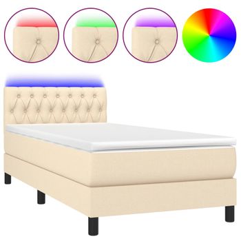 Cama Box Spring Colchón Y Luces Led Tela Color Crema 90x190 Cm