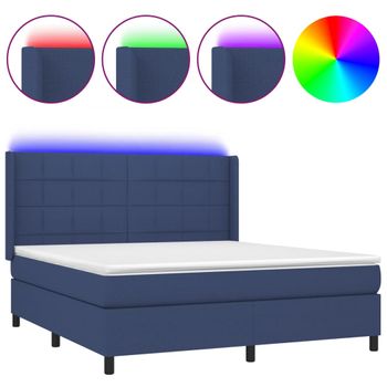 Cama Box Spring Colchón Y Luces Led Tela Azul 180x200 Cm