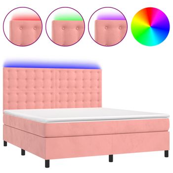 Cama Box Spring Colchón Y Led Terciopelo Rosa 180x200 Cm