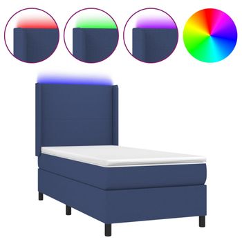 Cama Box Spring Colchón Y Luces Led Tela Azul 90x200 Cm