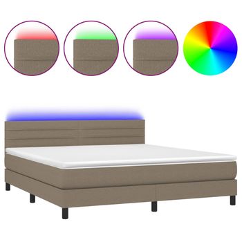 Cama Box Spring Colchón Y Luces Led Tela Gris Taupe 180x200 Cm