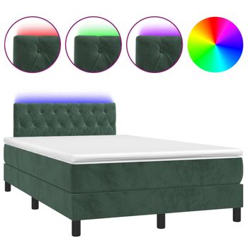 Cama Box Spring Colchón Y Led Terciopelo Verde Oscuro 120x200cm