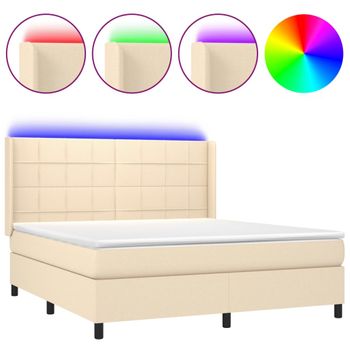 Cama Box Spring Colchón Y Luces Led Tela Crema 180x200 Cm