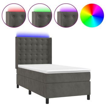 Cama Box Spring Colchón Y Led Terciopelo Gris Oscuro 100x200 Cm