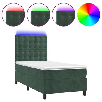 Cama Box Spring Colchón Y Led Terciopelo Verde Oscuro 90x200 Cm