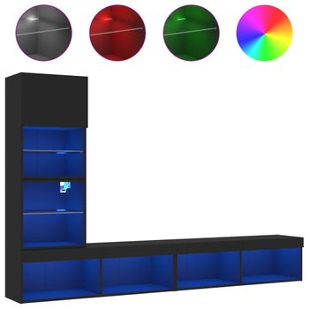 Muebles De Tv De Pared Con Led 4 Piezas Madera Ingeniería Negro