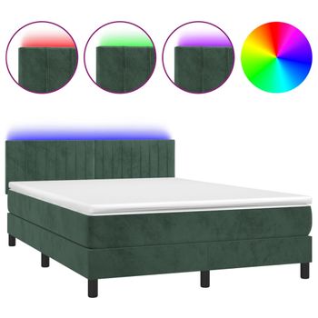 Cama Box Spring Colchón Y Led Terciopelo Verde Oscuro 140x200cm