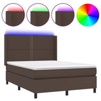 Cama Box Spring Colchón Y Led Cuero Sintético Marrón 140x190 Cm