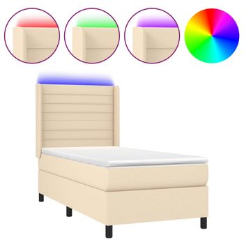 Cama Box Spring Colchón Y Luces Led Tela Crema 90x200 Cm