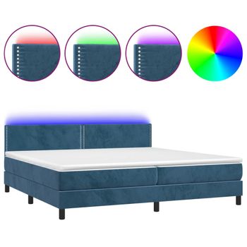 Cama Box Spring Colchón Y Led Terciopelo Azul Oscuro 200x200 Cm