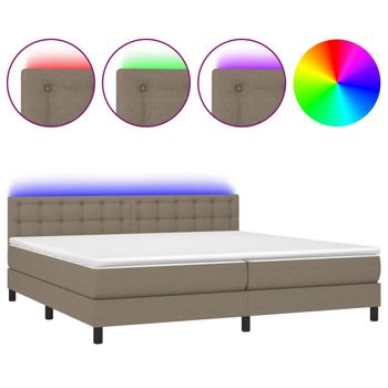 Cama Box Spring Colchón Y Luces Led Tela Gris Taupe 200x200 Cm