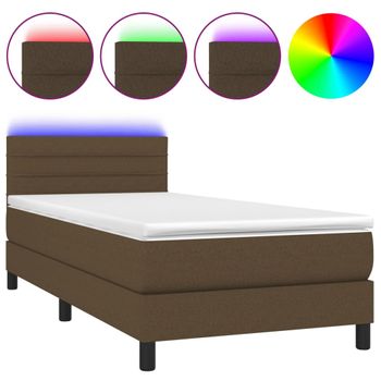 Cama Box Spring Colchón Y Luces Led Tela Marrón Oscuro 90x190cm