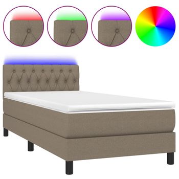 Cama Box Spring Colchón Y Luces Led Tela Gris Taupe 90x200 Cm