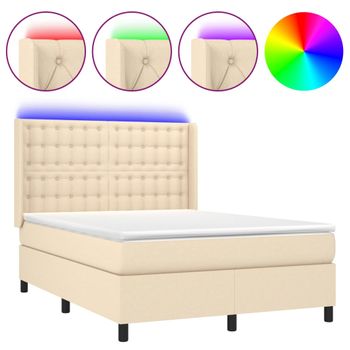 Cama Box Spring Colchón Y Luces Led Tela Crema 140x190 Cm