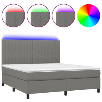 Cama Box Spring Colchón Y Luces Led Tela Gris Oscuro 180x200 Cm