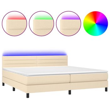 Cama Box Spring Colchón Y Luces Led Tela Crema 200x200 Cm