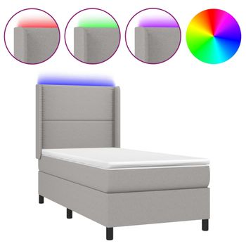 Cama Box Spring Colchón Y Luces Led Tela Gris Claro 100x200 Cm