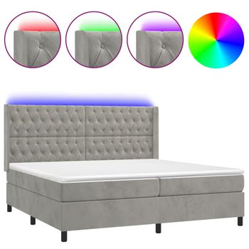 Cama Box Spring Colchón Y Led Terciopelo Gris Claro 200x200 Cm