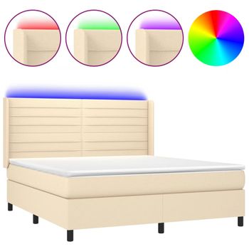 Cama Box Spring Colchón Y Luces Led Tela Crema 160x200 Cm