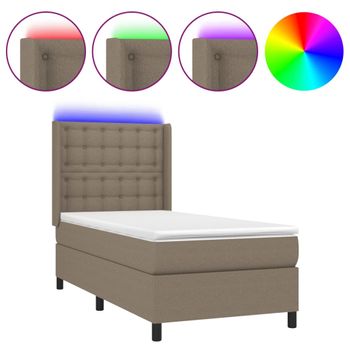 Cama Box Spring Colchón Y Luces Led Tela Gris Taupe 90x190 Cm