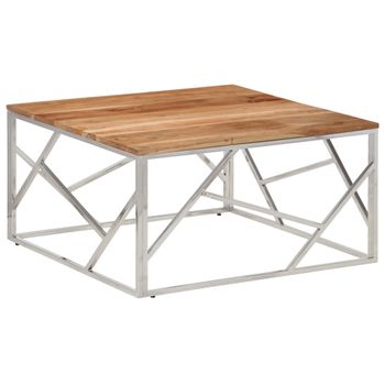 Mesa De Centro Acero Inoxidable Plateado Y Madera Maciza Acacia