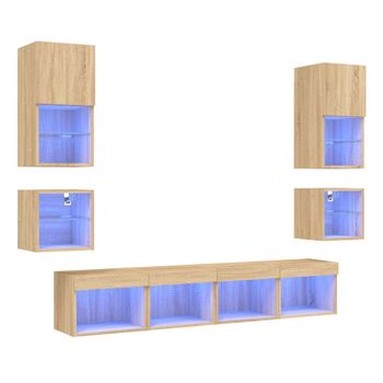 Muebles Tv Pared Con Led 8 Piezas Madera Ingeniería Roble Sonoma