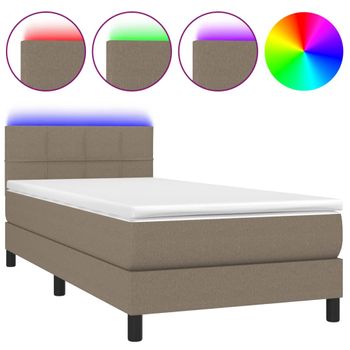 Cama Box Spring Colchón Y Luces Led Tela Gris Taupe 90x200 Cm