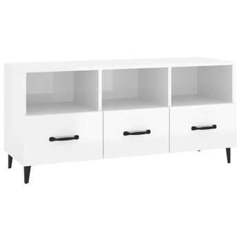 Mueble De Tv Madera Contrachapada Blanco Brillo 102x35x50 Cm