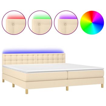 Cama Box Spring Con Colchón Y Led Tela Crema 200x200 Cm