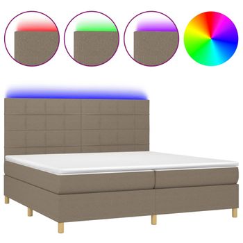 Cama Box Spring Colchón Y Luces Led Tela Gris Taupe 200x200 Cm