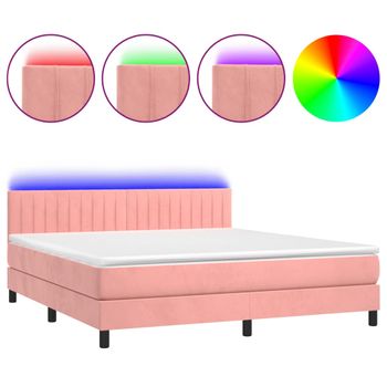 Cama Box Spring Colchón Y Led Terciopelo Rosa 180x200 Cm