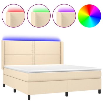 Cama Box Spring Colchón Y Luces Led Tela Crema 160x200 Cm