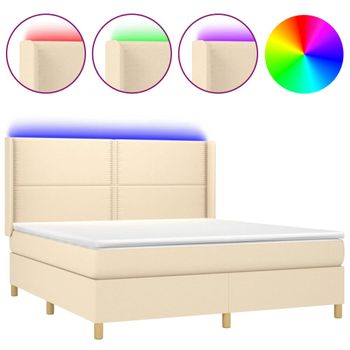 Cama Box Spring Colchón Y Luces Led Tela Crema 160x200 Cm