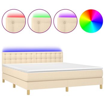 Cama Box Spring Con Colchón Y Led Tela Crema 160x200 Cm