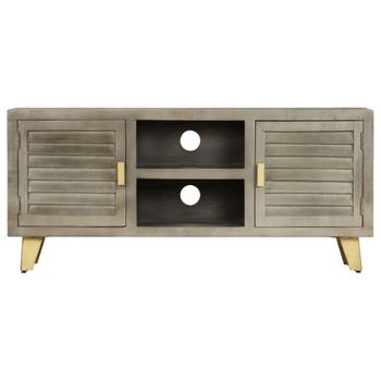 Mueble Tv De Madera De Mango Maciza Gris Y Latón 110x30x48 Cm