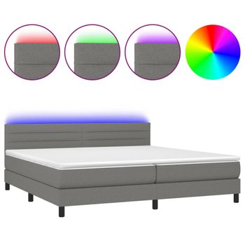 Cama Box Spring Colchón Y Luces Led Tela Gris Claro 200x200 Cm