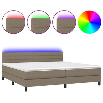 Cama Box Spring Colchón Y Luces Led Tela Gris Taupe 200x200 Cm