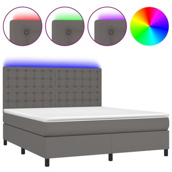 Cama Box Spring Colchón Y Led Cuero Sintético Gris 180x200 Cm