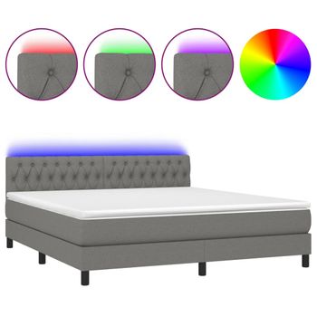 Cama Box Spring Colchón Y Luces Led Tela Gris Oscuro 180x200 Cm