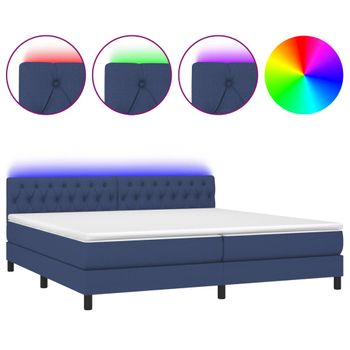 Cama Box Spring Colchón Y Luces Led Tela Azul 200x200 Cm