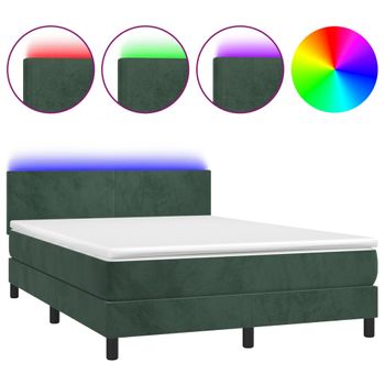 Cama Box Spring Colchón Y Led Terciopelo Verde Oscuro 140x200cm