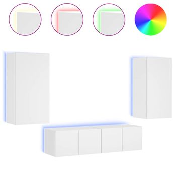 Muebles De Tv De Pared Con Led 4 Piezas Madera Ingeniería Blanco